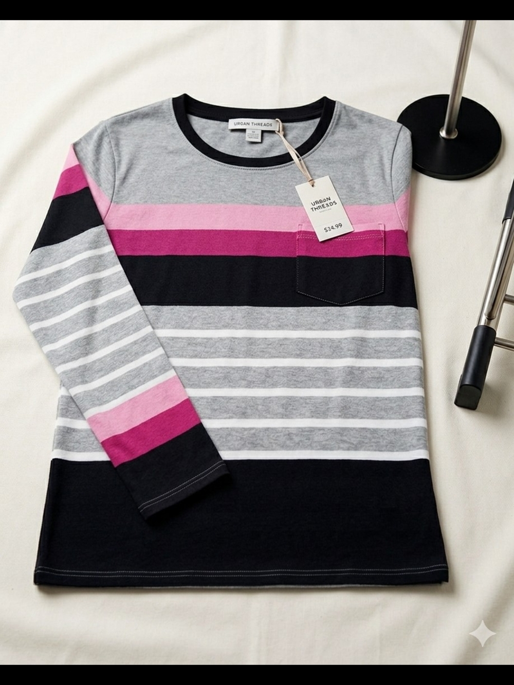 Urban Threads Long-Sleeve Striped Colorblock Tee with Pocket – Size M .NT